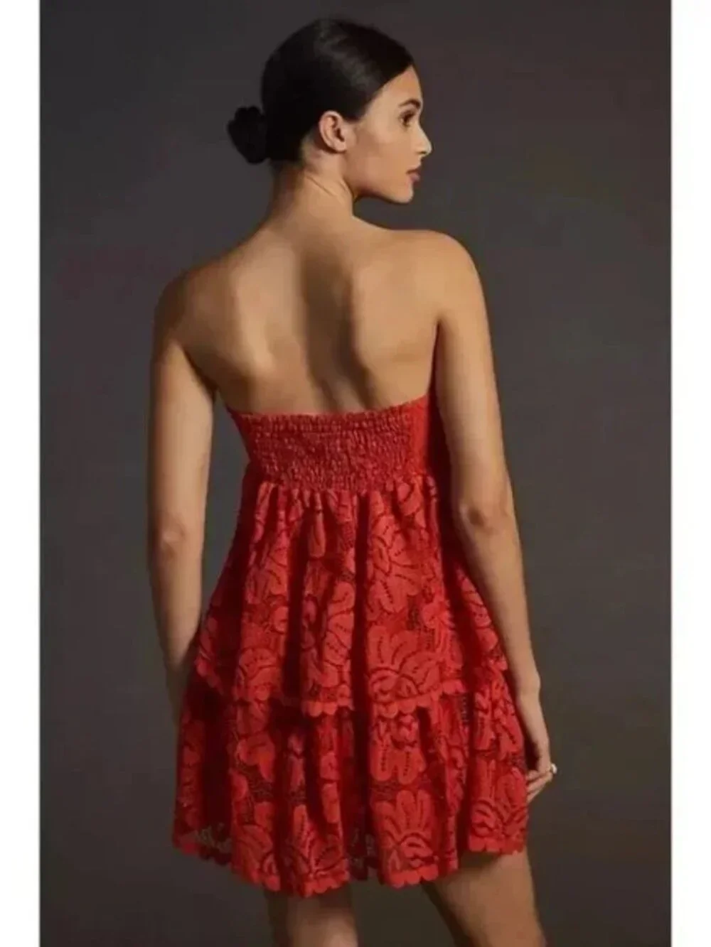 NWT Maeve Anthropologie Strapless Red Lace Tiered Mini Dress Size Small - Picture 3 of 15